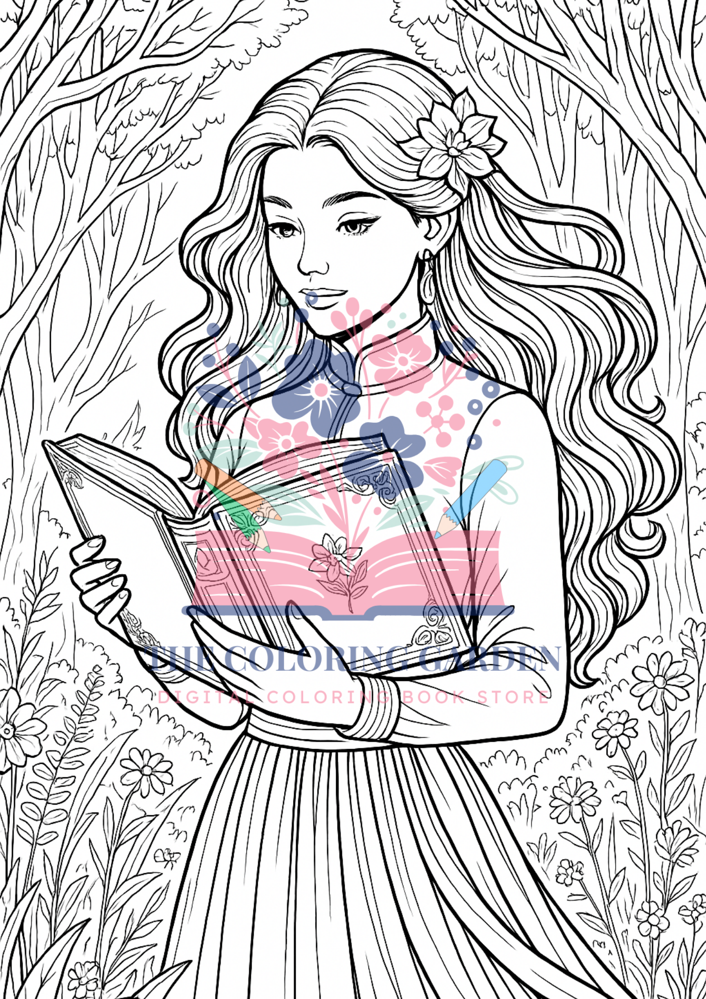 Reading Girls Coloring Book